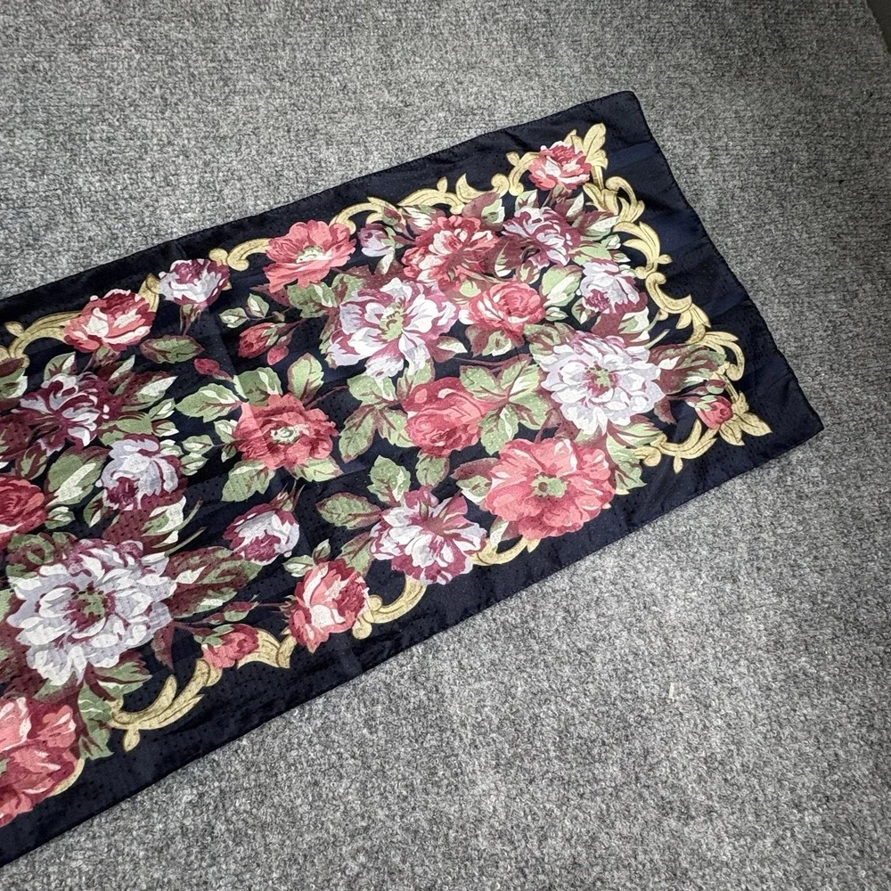 Vintage 80s Kathie Lee Floral Scarf Navy Pink Rose Cottagecore Romantic 56x12